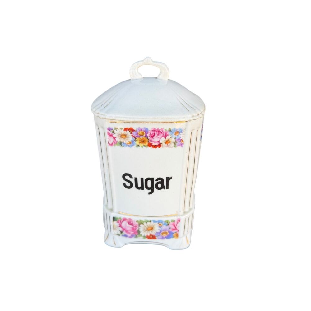 VINTAGE Art Deco Sugar Canister with Lid Floral Made in Czechoslovakia Ceramic